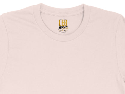 Pink t-shirt with "Leo Brat" and zodiac symbol on the neck tag.
