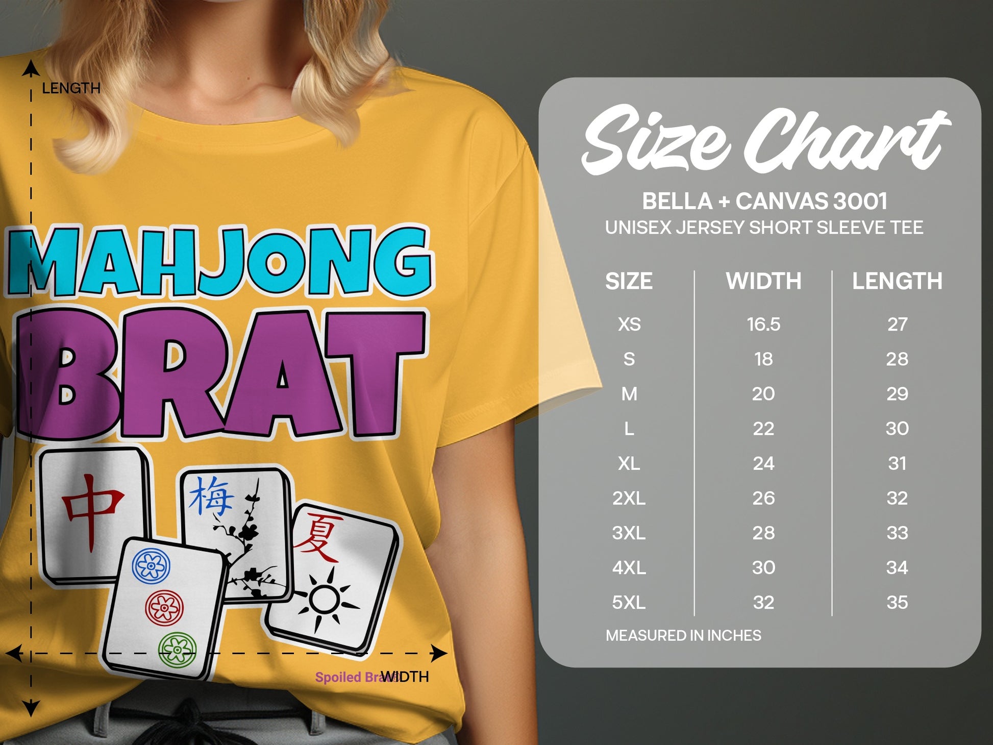 Yellow t-shirt with "MAHJONG BRAT" graphic and a size chart.