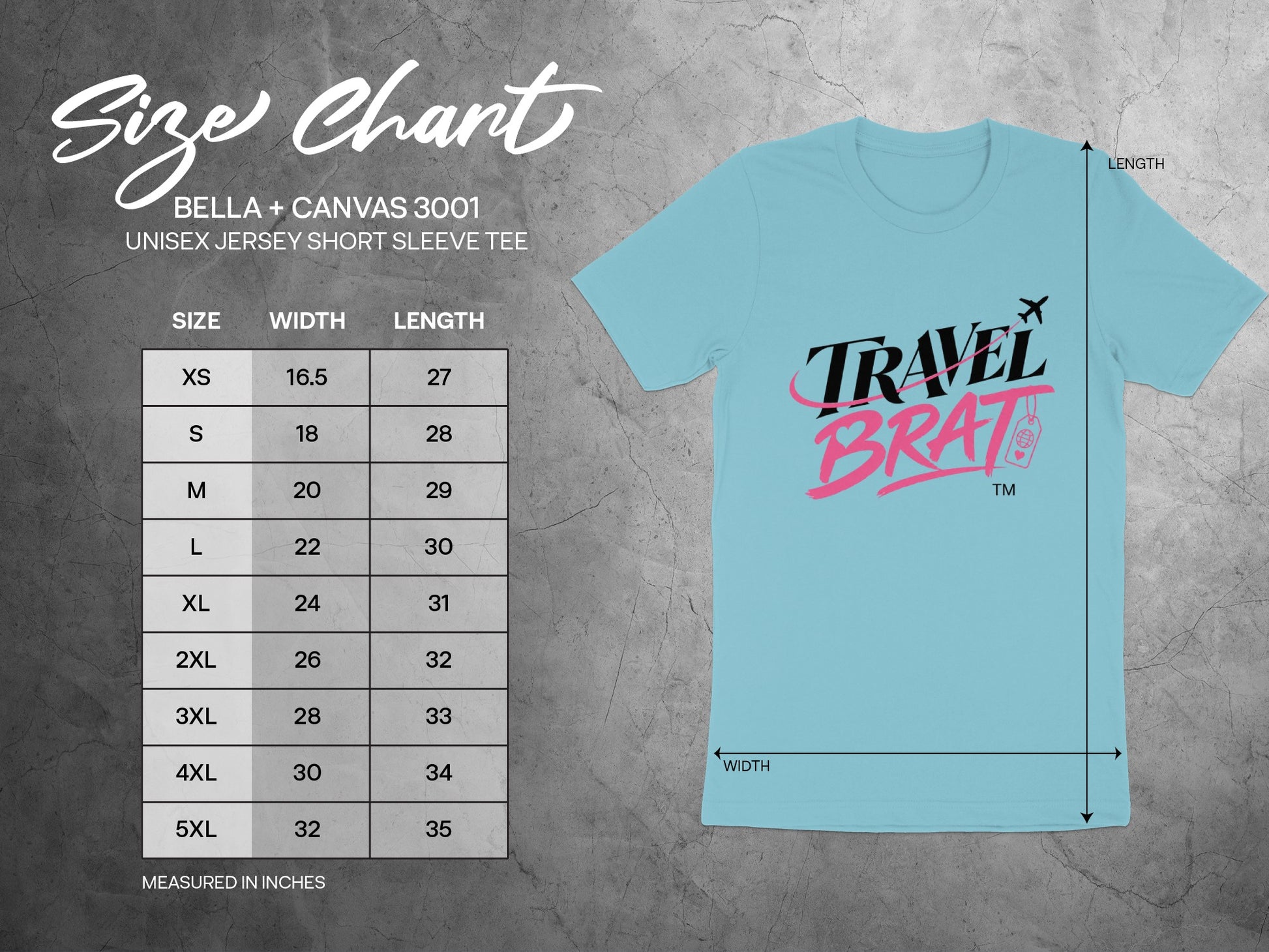 BELLA + CANVAS 3001 unisex tee size chart with width and length measurements in inches.