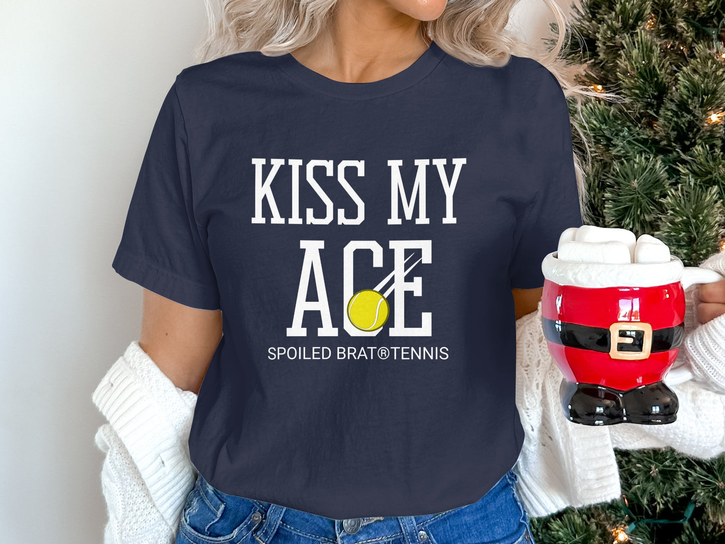 Navy t-shirt with "KISS MY ACE" and tennis ball graphic.