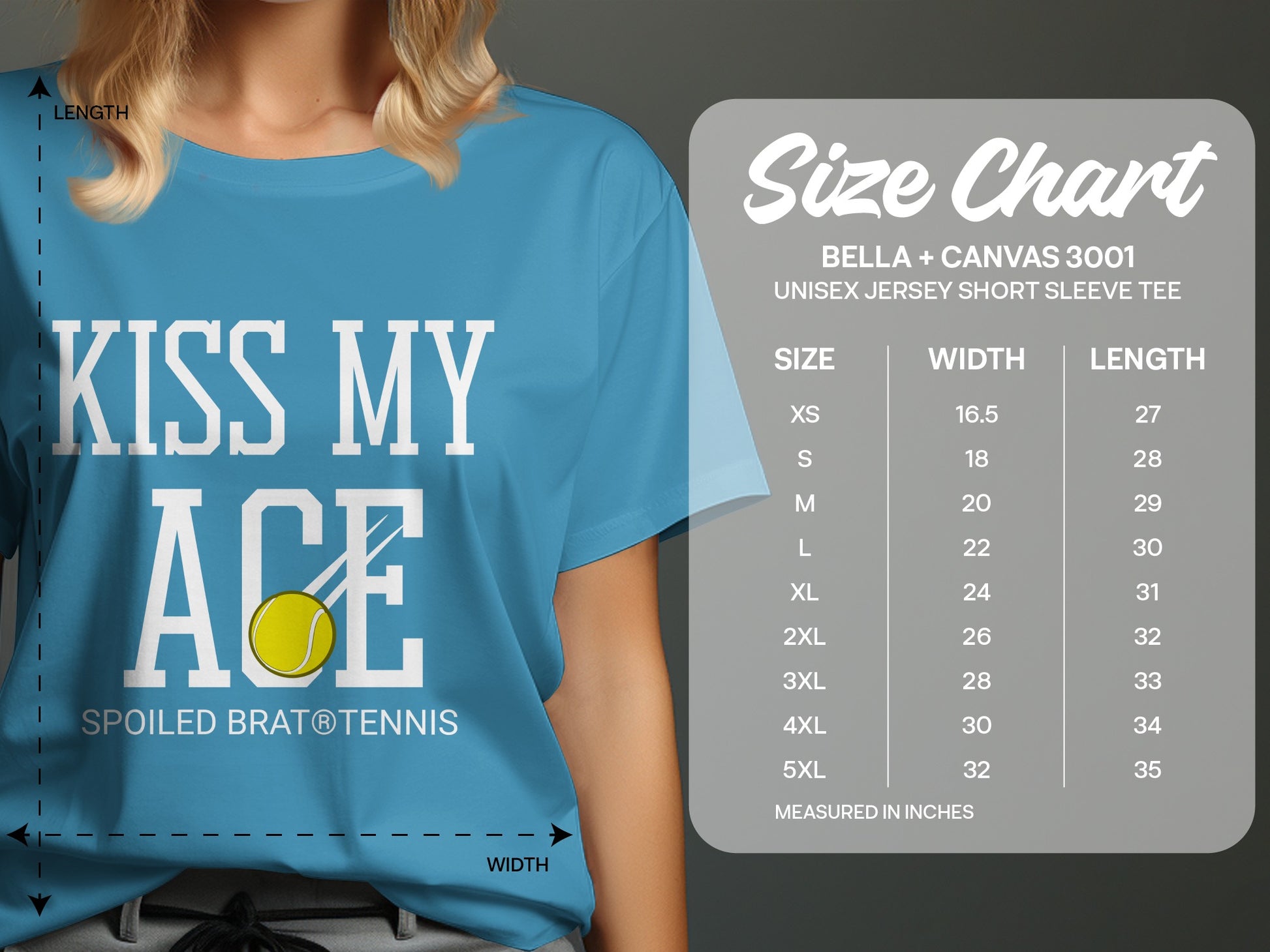 T-shirt with "Kiss My Ace" and tennis ball graphic, next to a size chart.