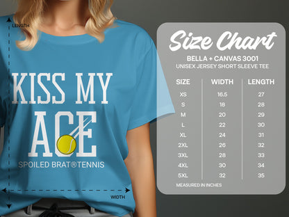 T-shirt with "Kiss My Ace" and tennis ball graphic, next to a size chart.