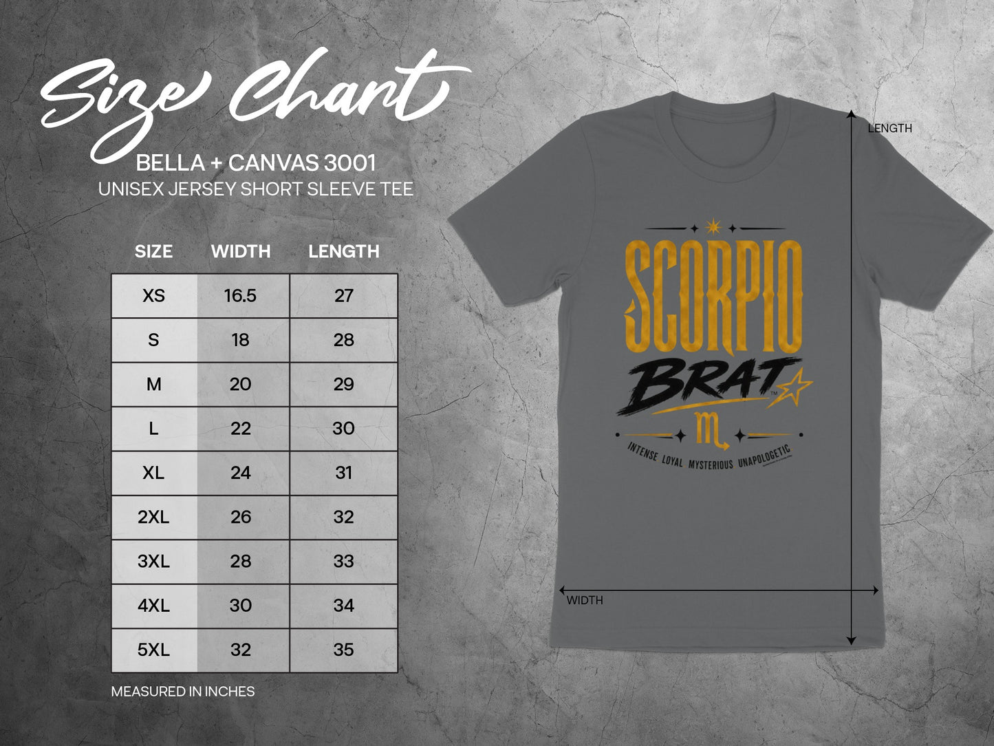 Bella + Canvas 3001 unisex tee size chart with Scorpio Brat graphic and measurements.
