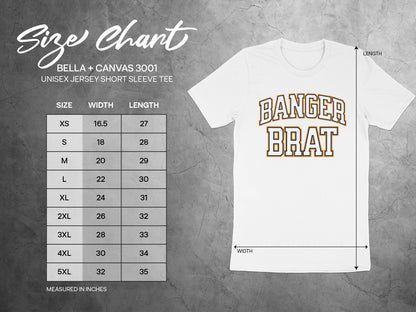 Size chart for Bella + Canvas 3001 unisex jersey t-shirt with "Banger Brat" graphic.