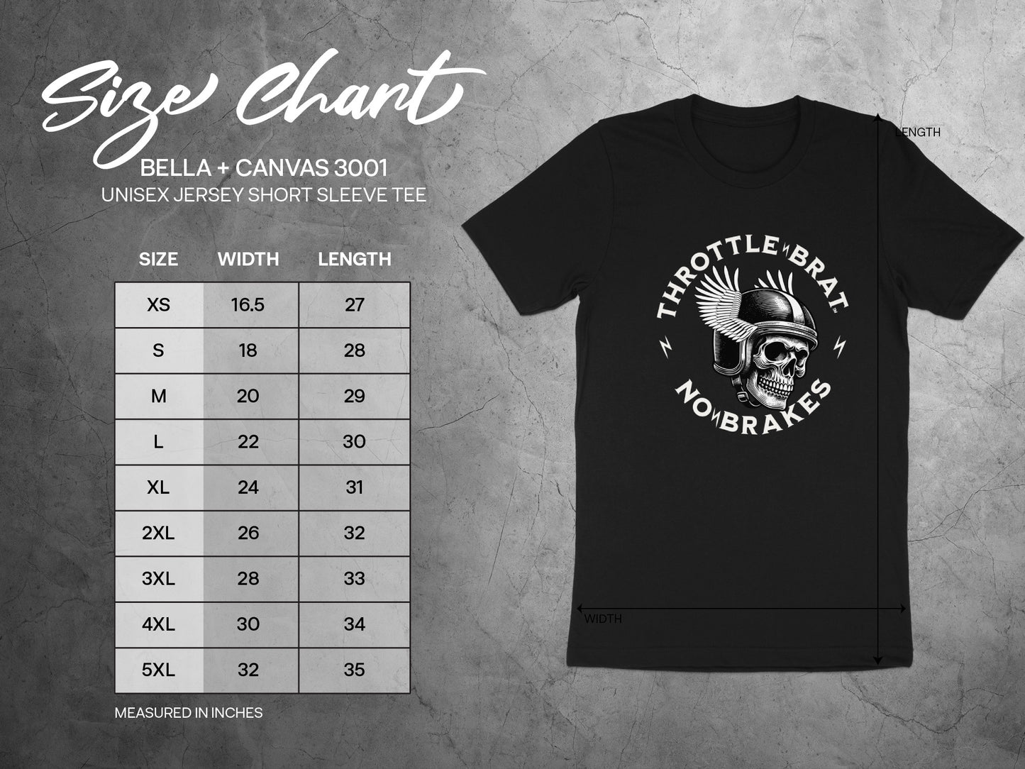 Bella + Canvas 3001 t-shirt size chart with measurements for width and length.