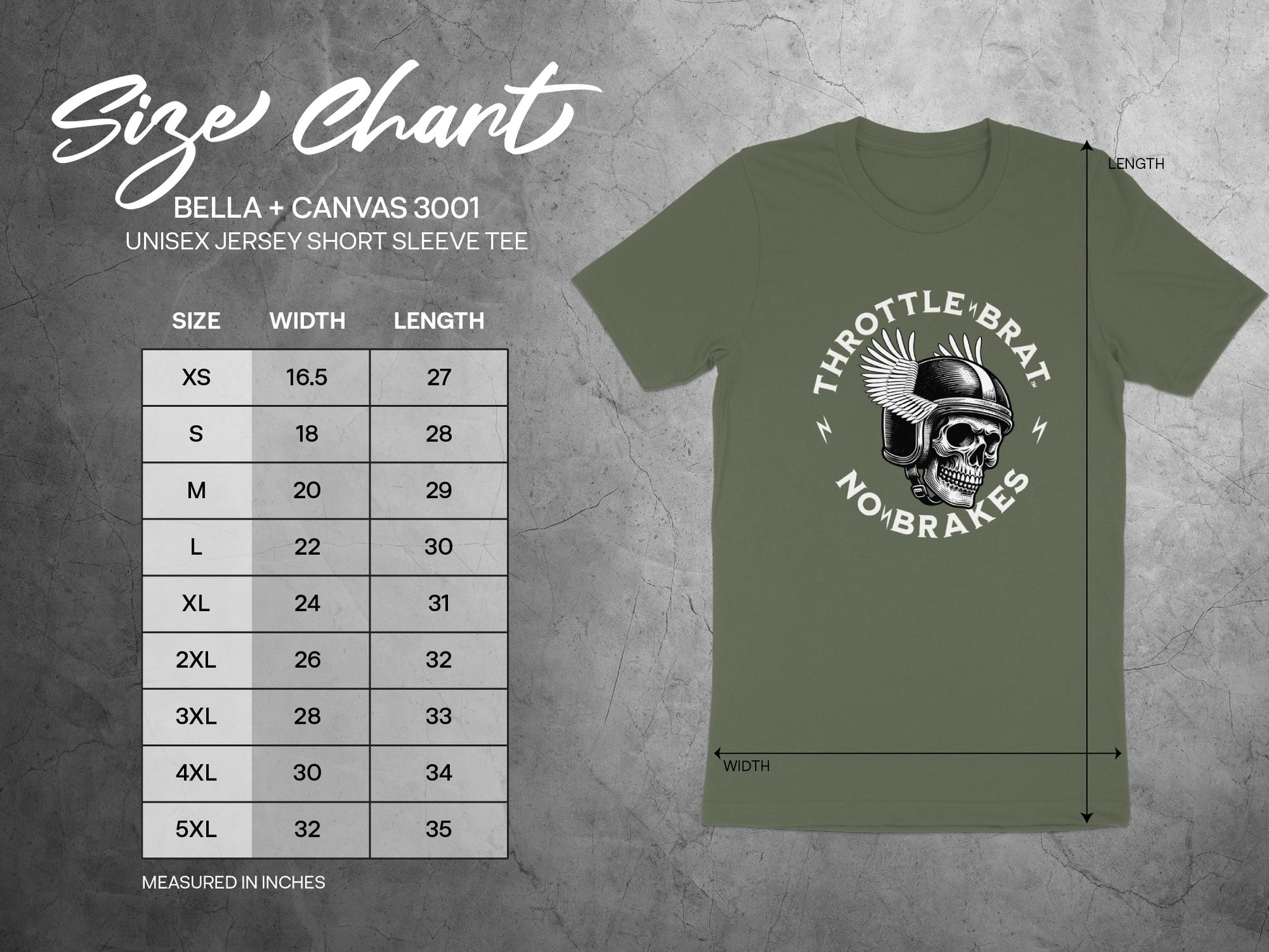 Size chart for Bella + Canvas 3001 unisex short sleeve tee with skull graphic.