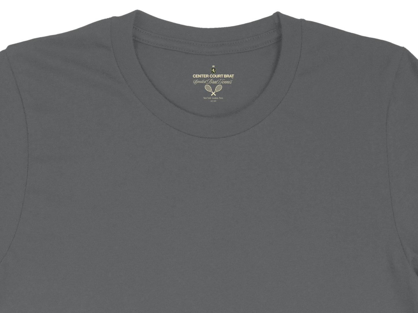 Gray t-shirt with "CENTER COURT BRAT Spoiled Brat Tennis" logo.