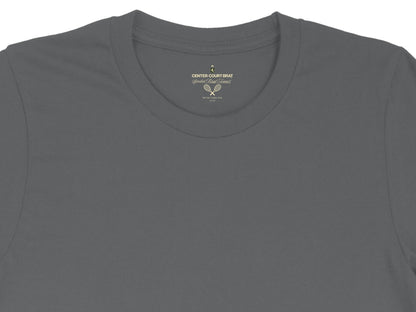 Gray t-shirt with "CENTER COURT BRAT Spoiled Brat Tennis" logo.