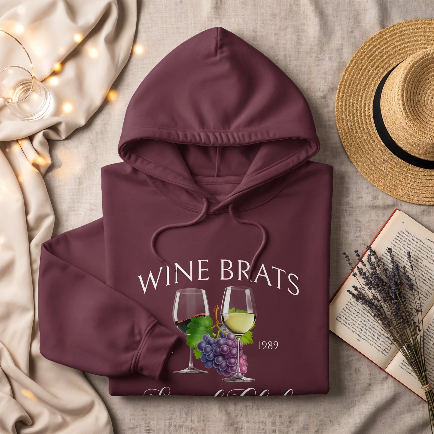 Wine Brats 1989 Hoodie Wine Glasses and Grapes Design