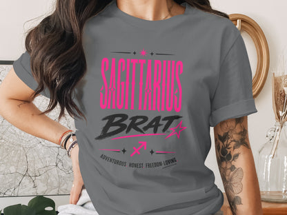 Sagittarius Brat t-shirt with astrological symbols and descriptive words.
