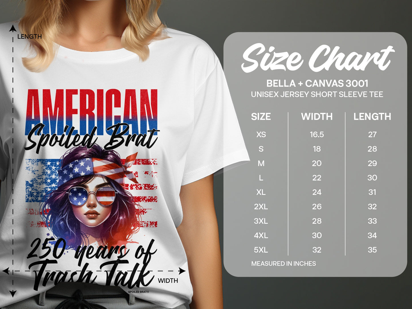 T-shirt featuring "American Spoiled Brat 250 years of Trash Talk" graphic with size chart.