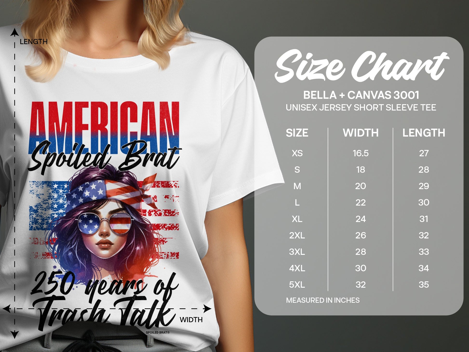 T-shirt featuring "American Spoiled Brat 250 years of Trash Talk" graphic with size chart.