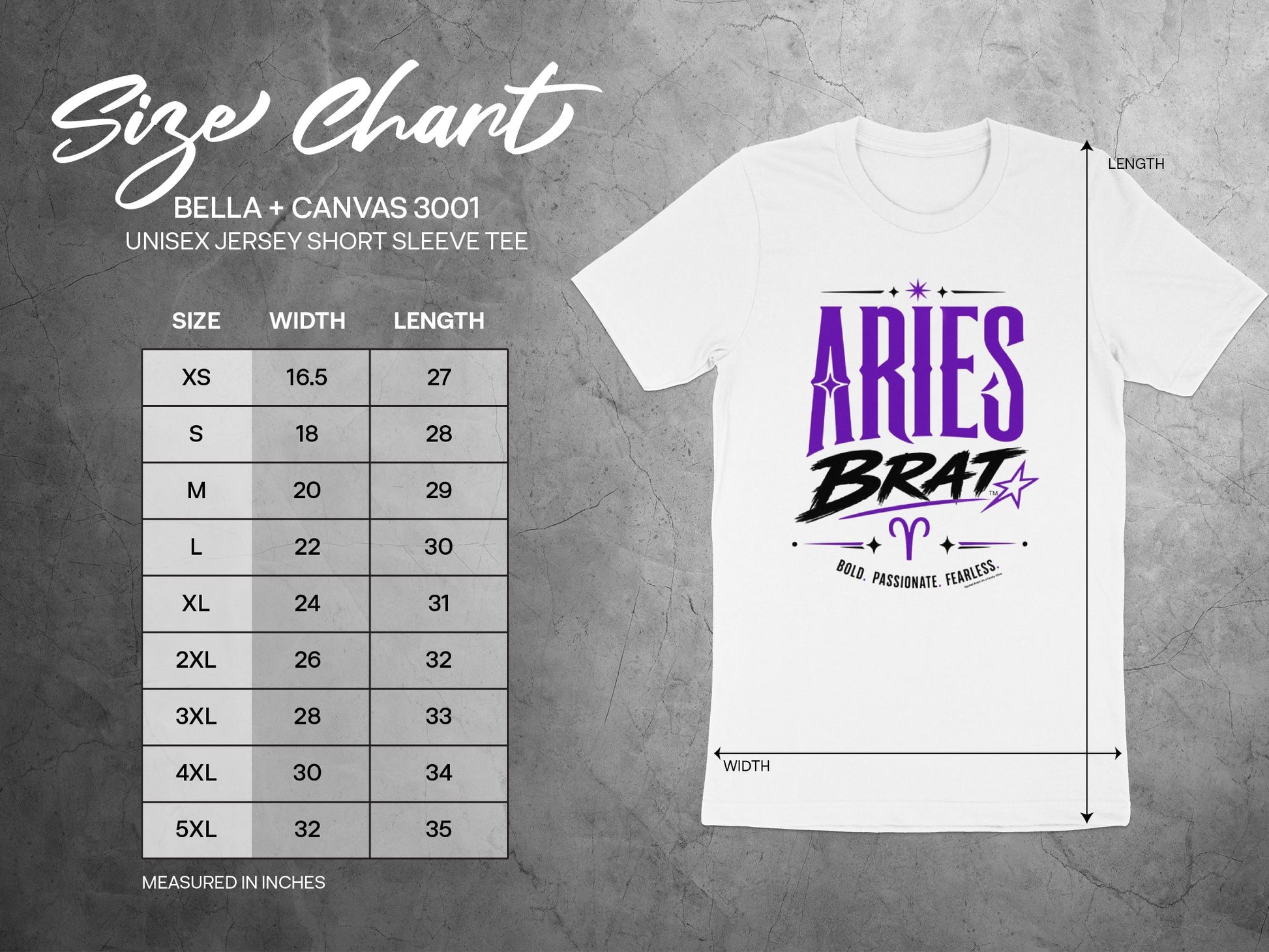 Size chart for Bella + Canvas 3001 unisex jersey short sleeve tee.