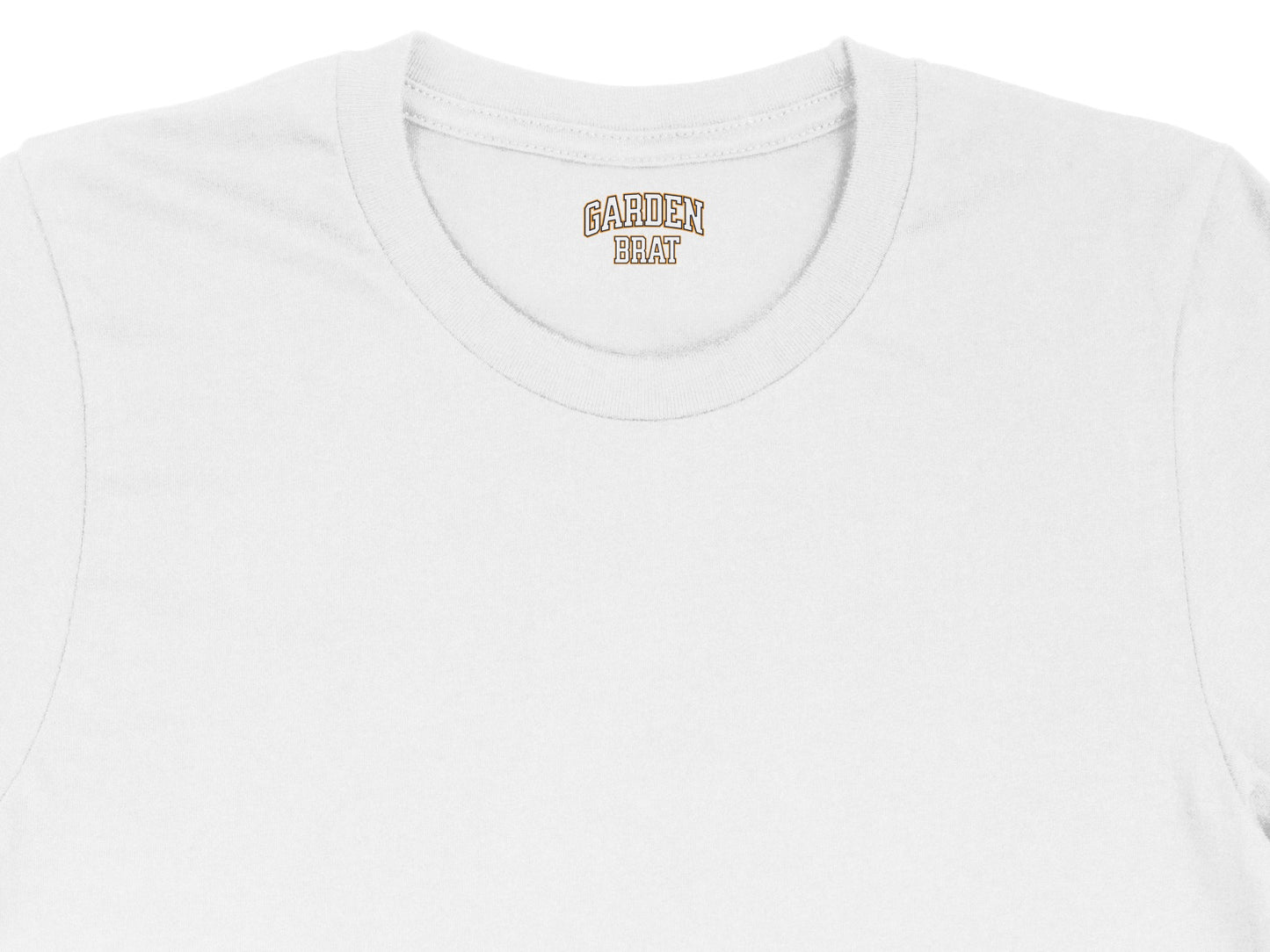 White t-shirt with "GARDEN BRAT" logo printed on the inside neckline.