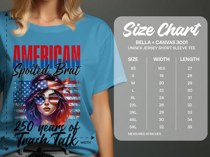 Blue t-shirt with "AMERICAN Spoiled Brat" and flag graphic, with size chart.