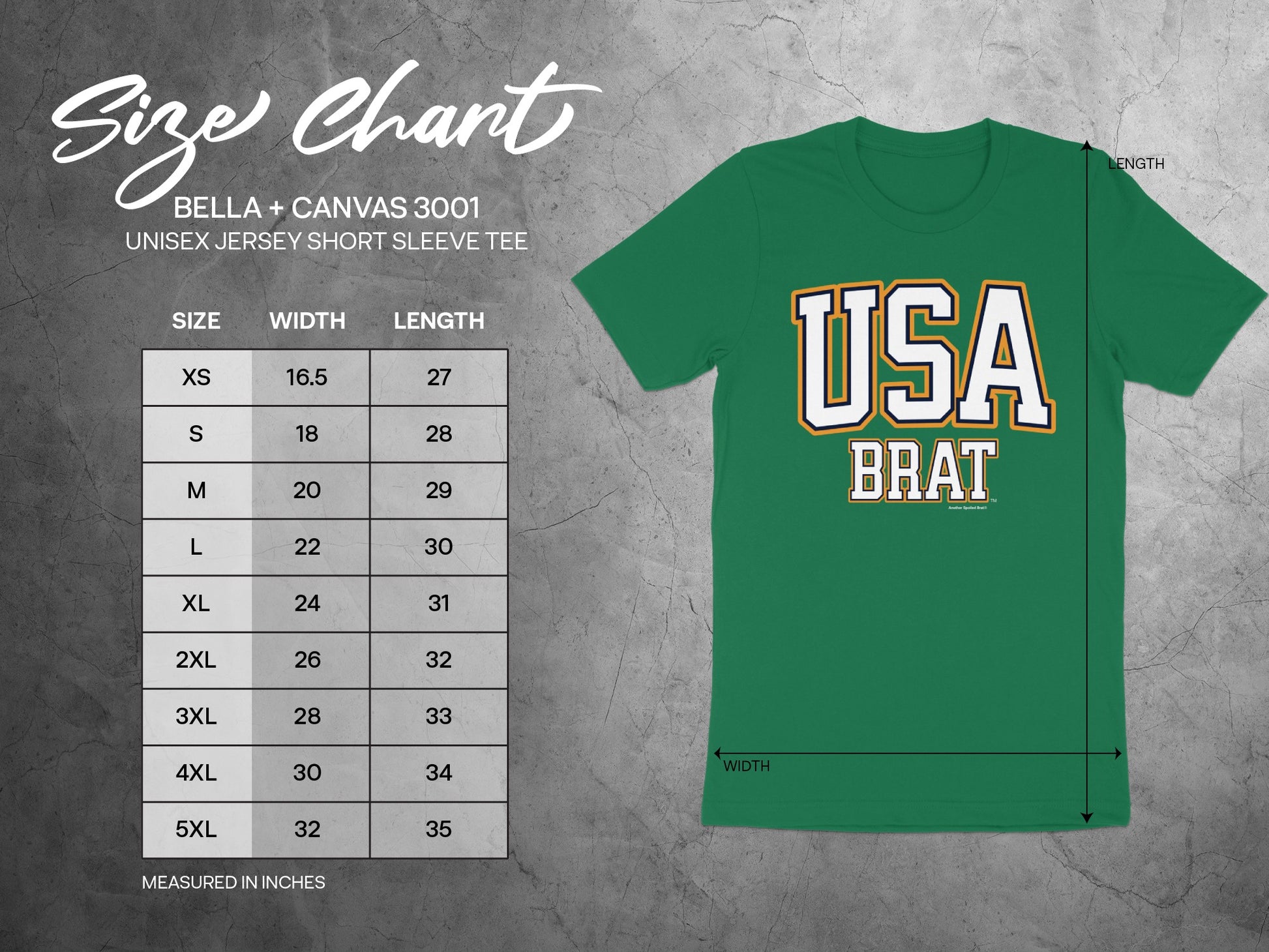 Size chart for Bella + Canvas 3001 unisex jersey short sleeve tee with measurements in inches.