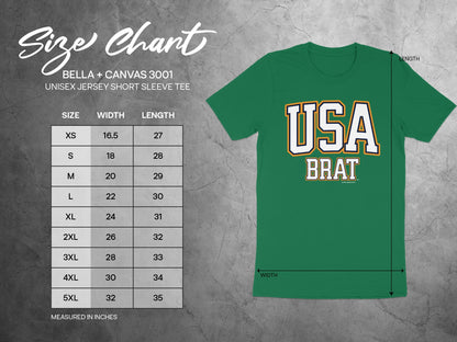 Size chart for Bella + Canvas 3001 unisex jersey short sleeve tee with measurements in inches.