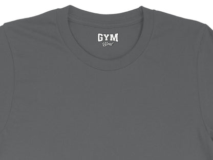 Gray t-shirt with white "GYM Brat" text in the collar