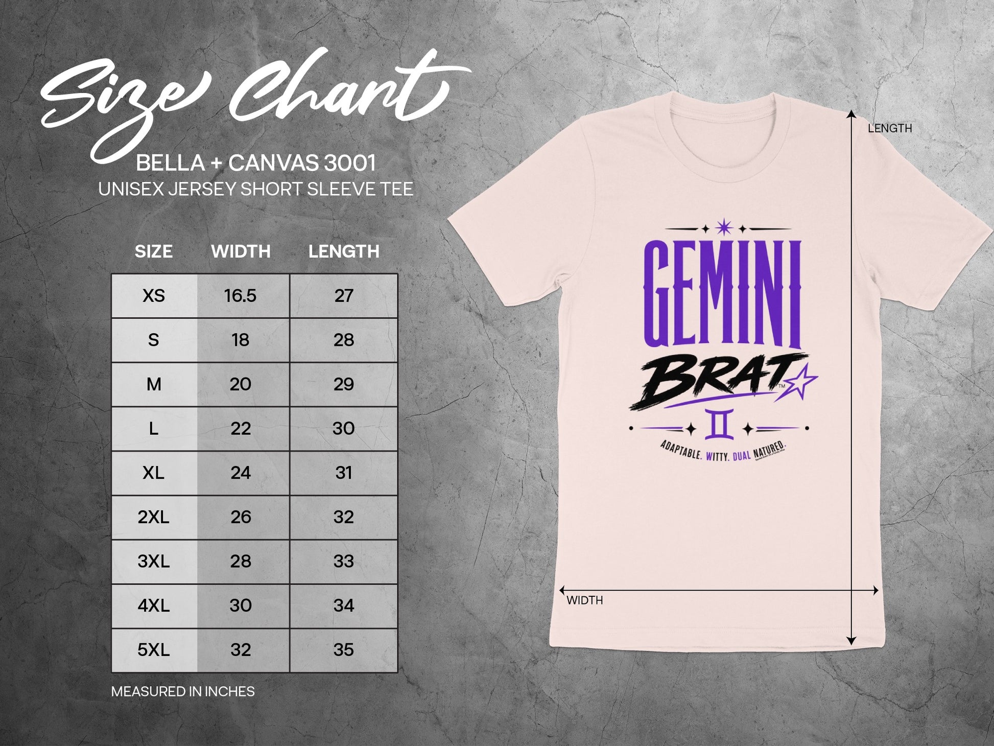 Gemini Bratt unisex t-shirt size chart with measurements for width and length.