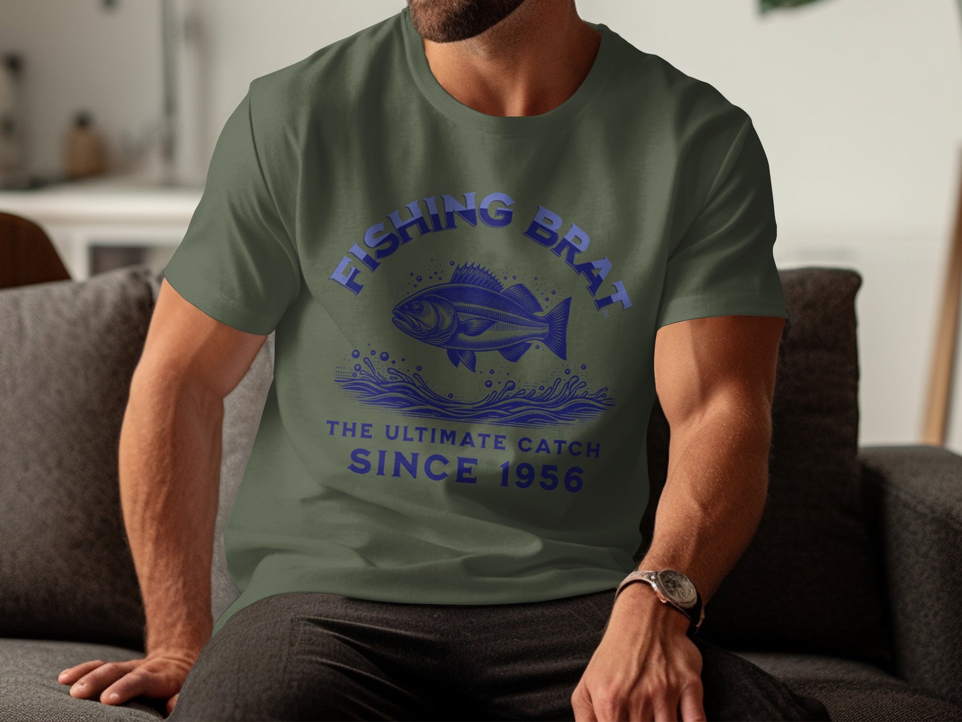 Green t-shirt with "Fishing Brat The Ultimate Catch Since 1956" and a fish.