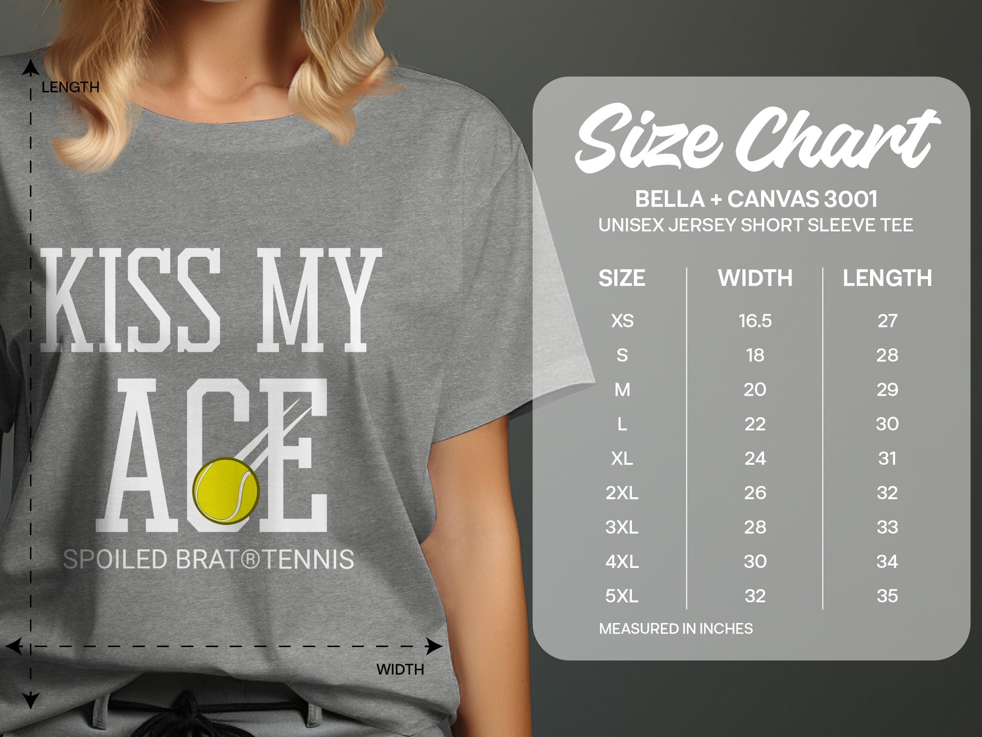 Gray t-shirt with "KISS MY ACE" text and tennis ball graphic.