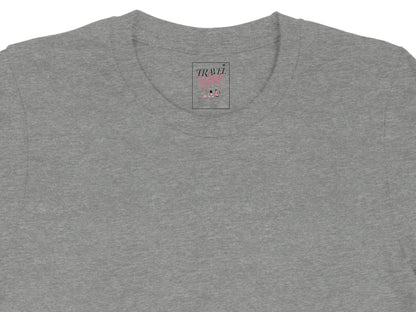 Gray t-shirt with "TRAVEL BEAT" text and city list inside a pink rectangle.