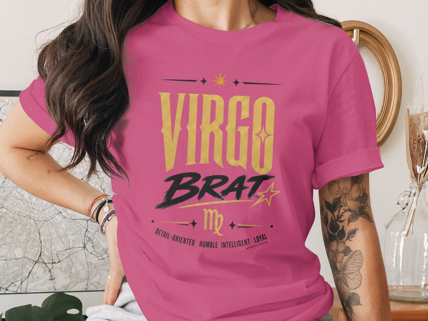 Pink t-shirt with "Virgo Brat" text, zodiac symbol, and traits.