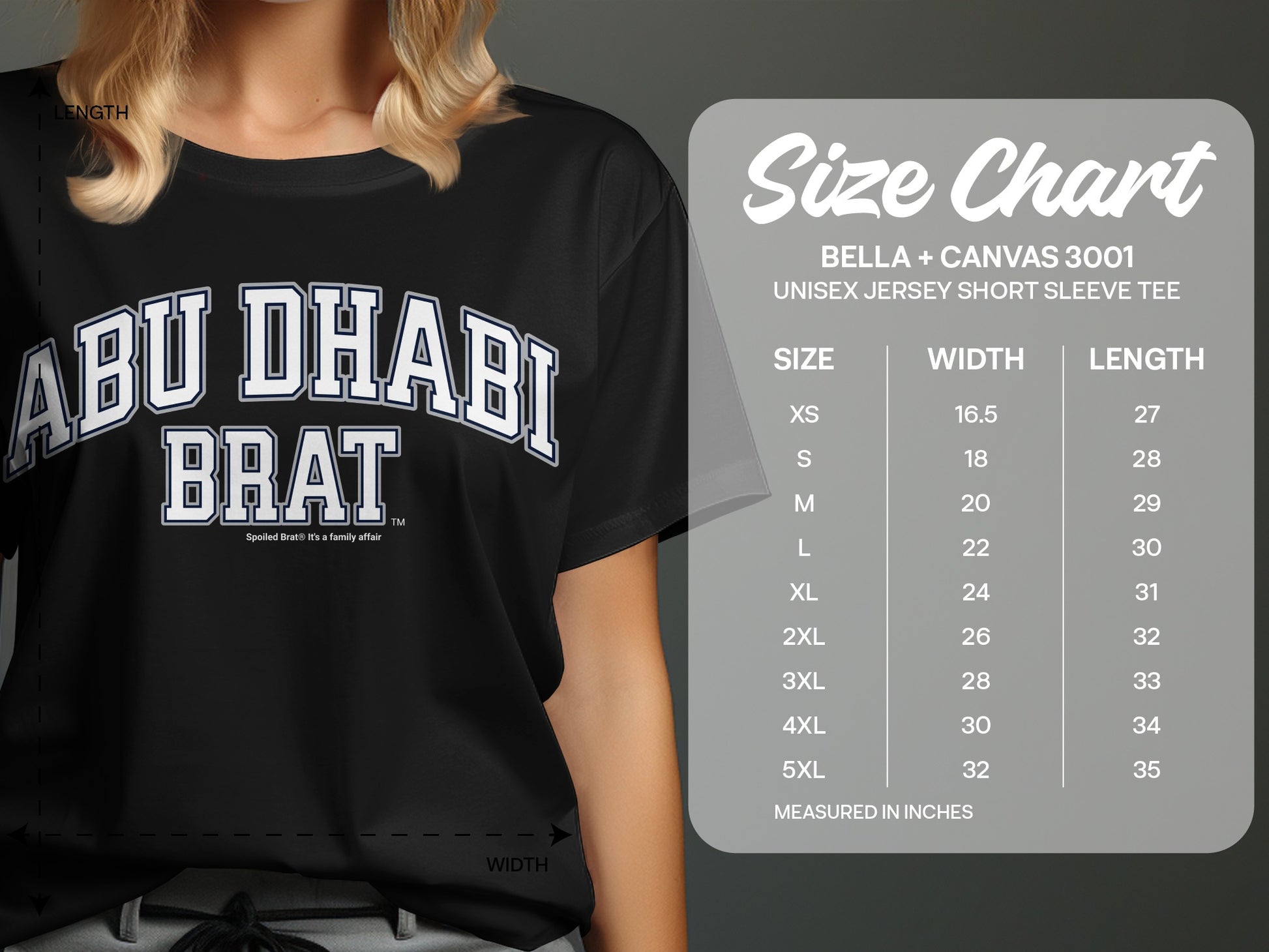 Black t-shirt with "ABU DHABI BRAT" text and a size chart.