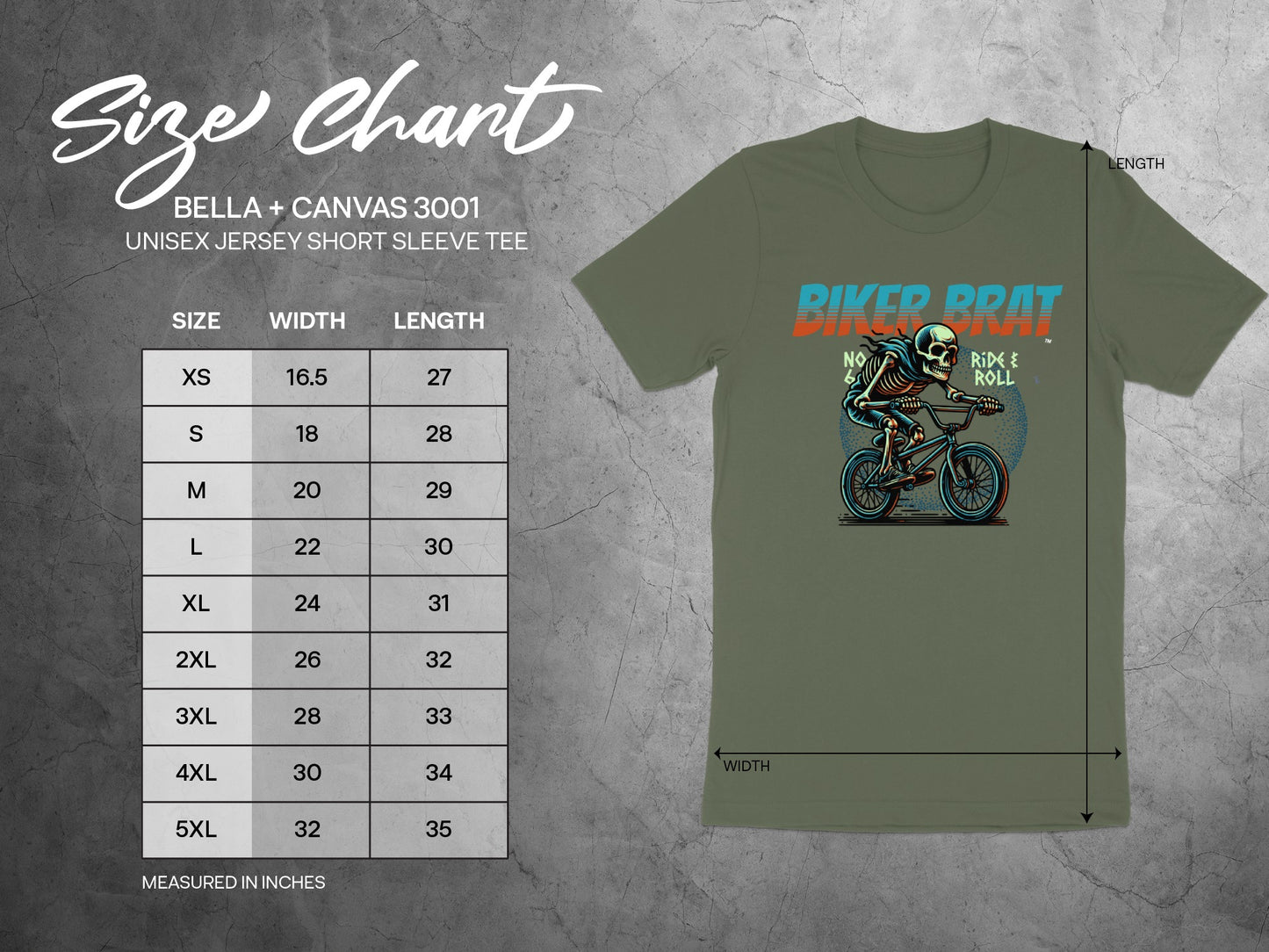 Bella + Canvas 3001 unisex t-shirt size chart with measurements and graphic.