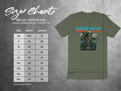 Bella + Canvas 3001 unisex t-shirt size chart with measurements and graphic.