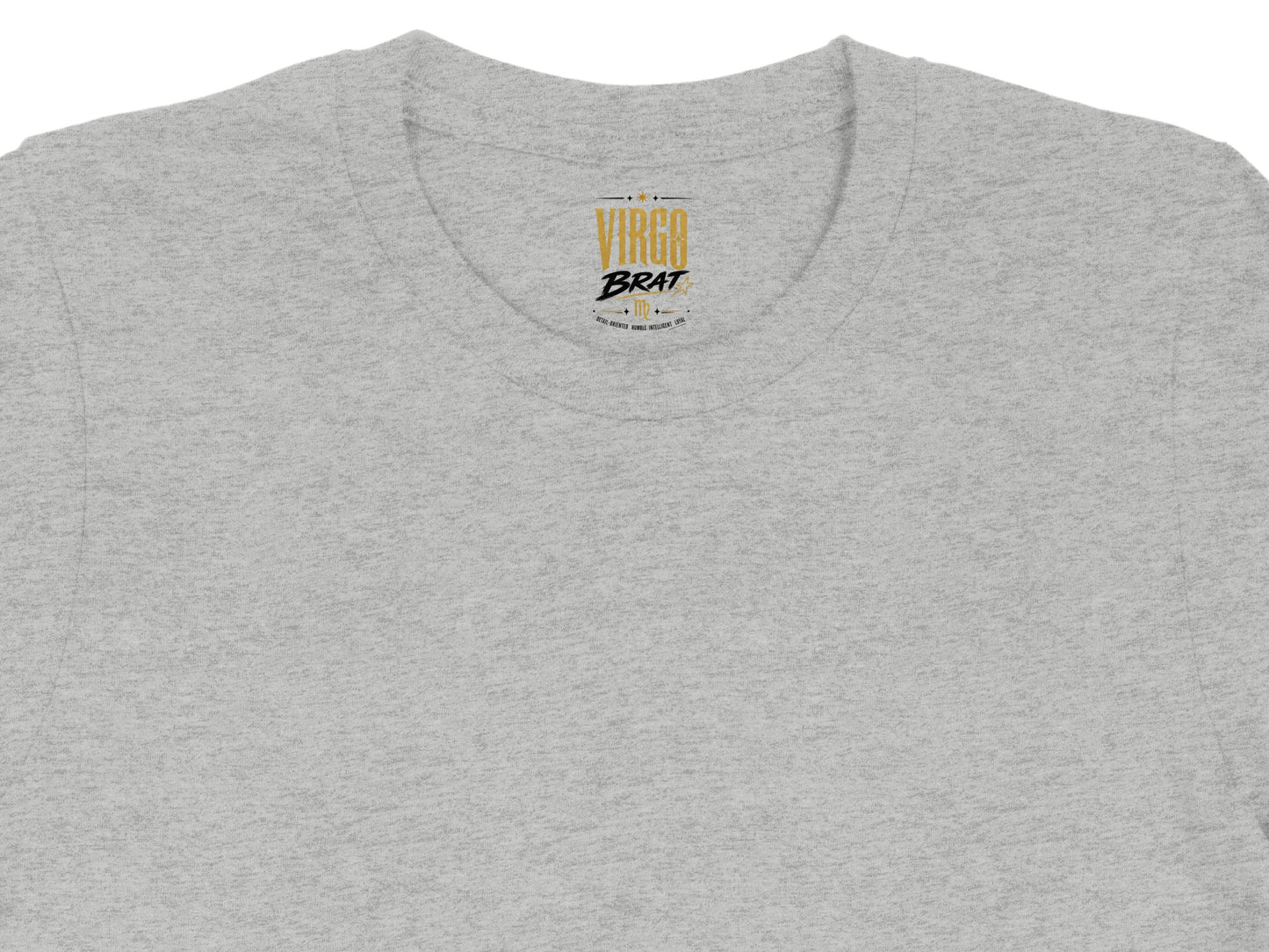 Grey t-shirt with "Virgo Brat" printed on the neckline label.