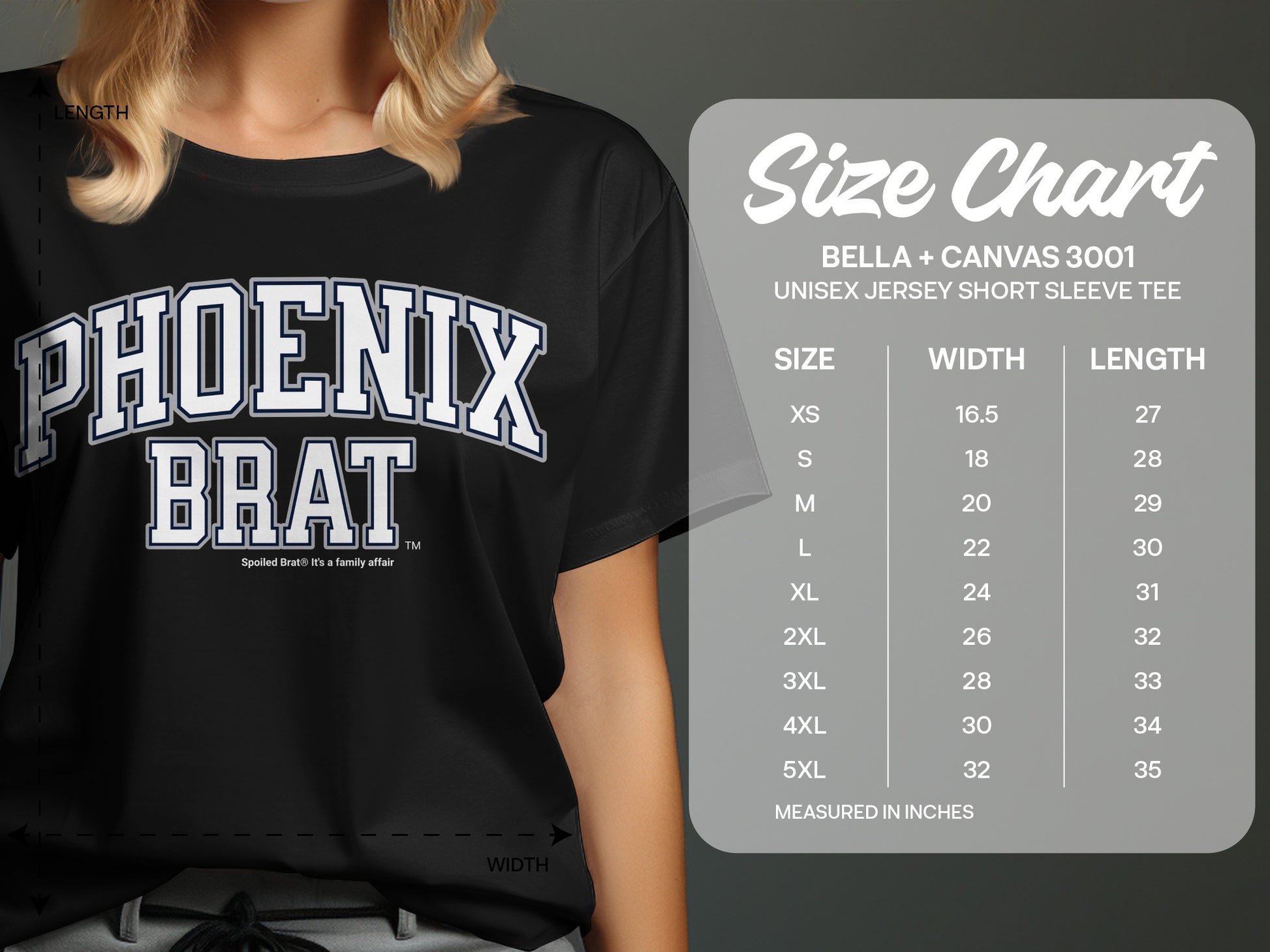 Black t-shirt with "PHOENIX BRAT" text, next to a size chart.