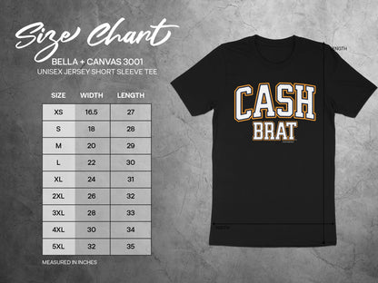 Bella+Canvas 3001 unisex short sleeve tee size chart with width and length measurements.