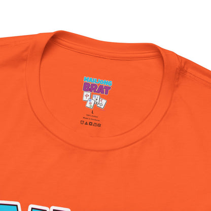 Orange t-shirt with "MAHJONG BRAT" text and mahjong tiles. Size L.