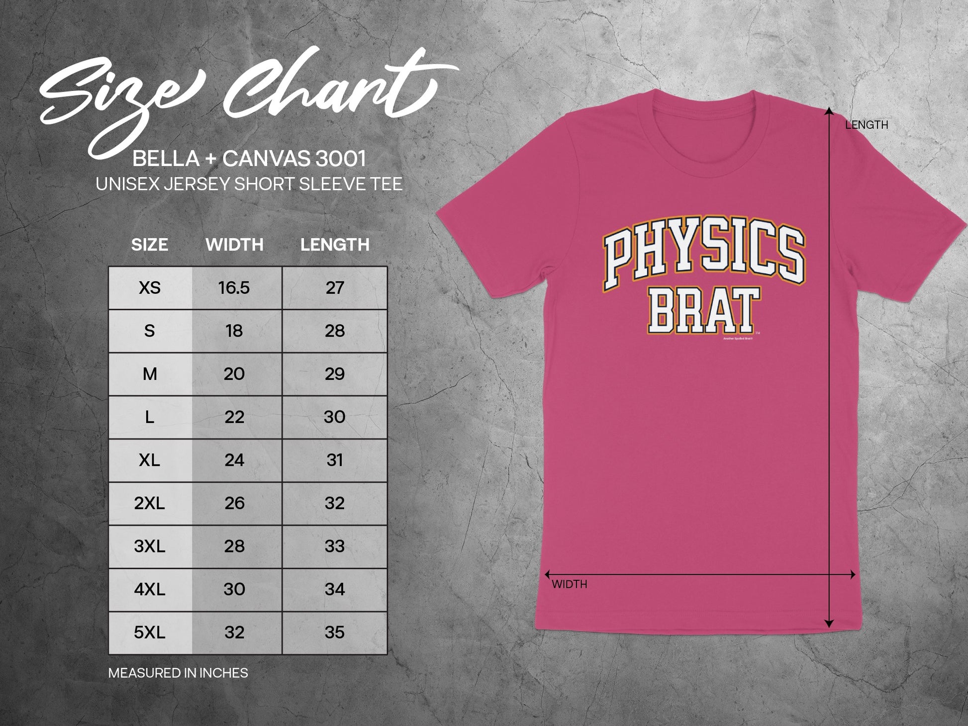 A Bella + Canvas 3001 size chart alongside a pink t-shirt with "PHYSICS BRAT" text.