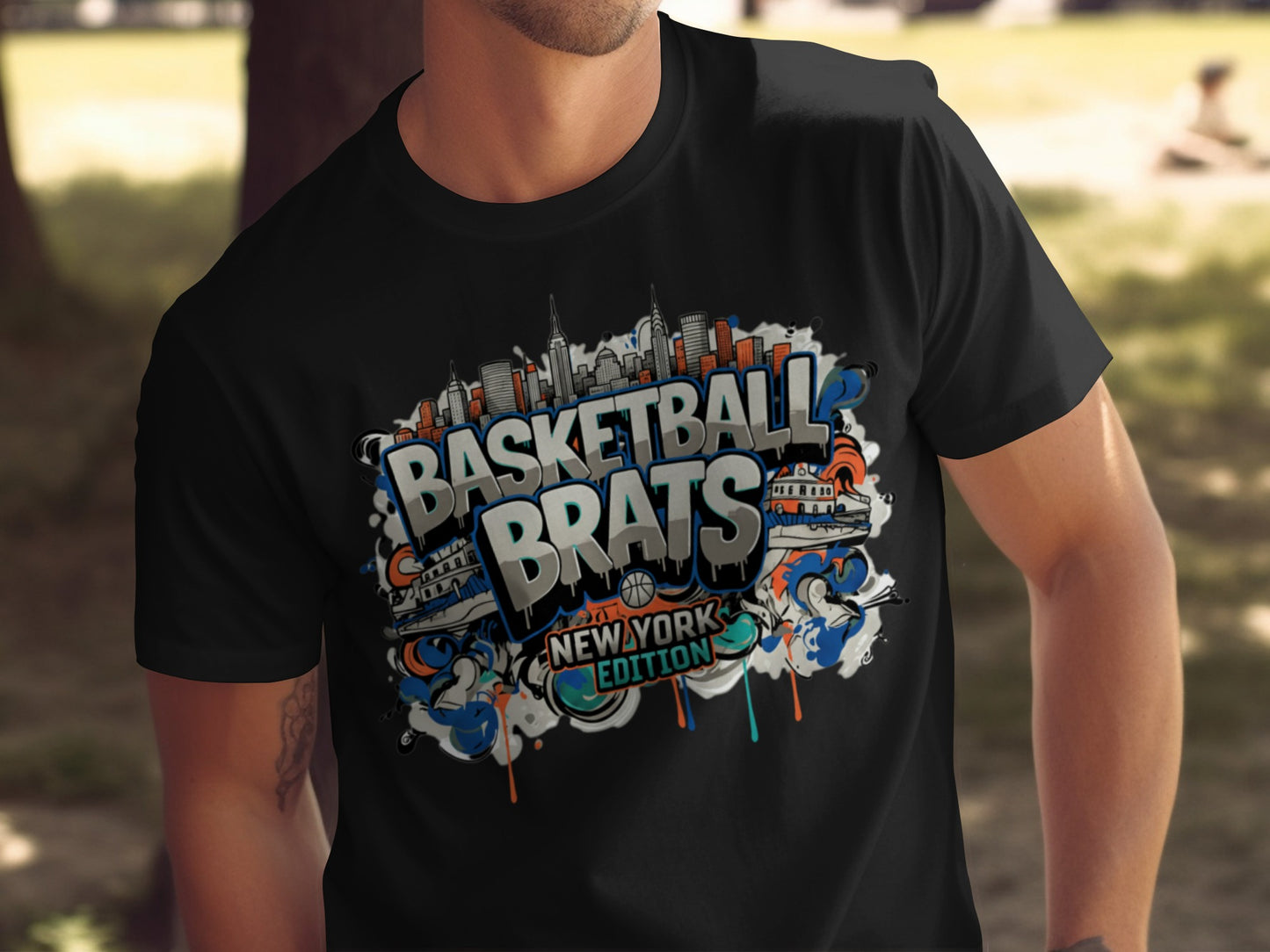 Black t-shirt with "BASKETBALL BRATS NEW YORK EDITION" graffiti-style graphic.