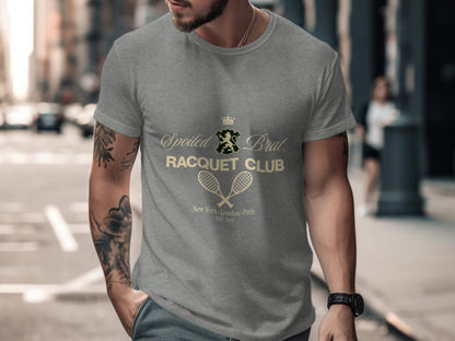 Grey t-shirt with "Spoiled Brat Racquet Club" and crossed tennis rackets logo.