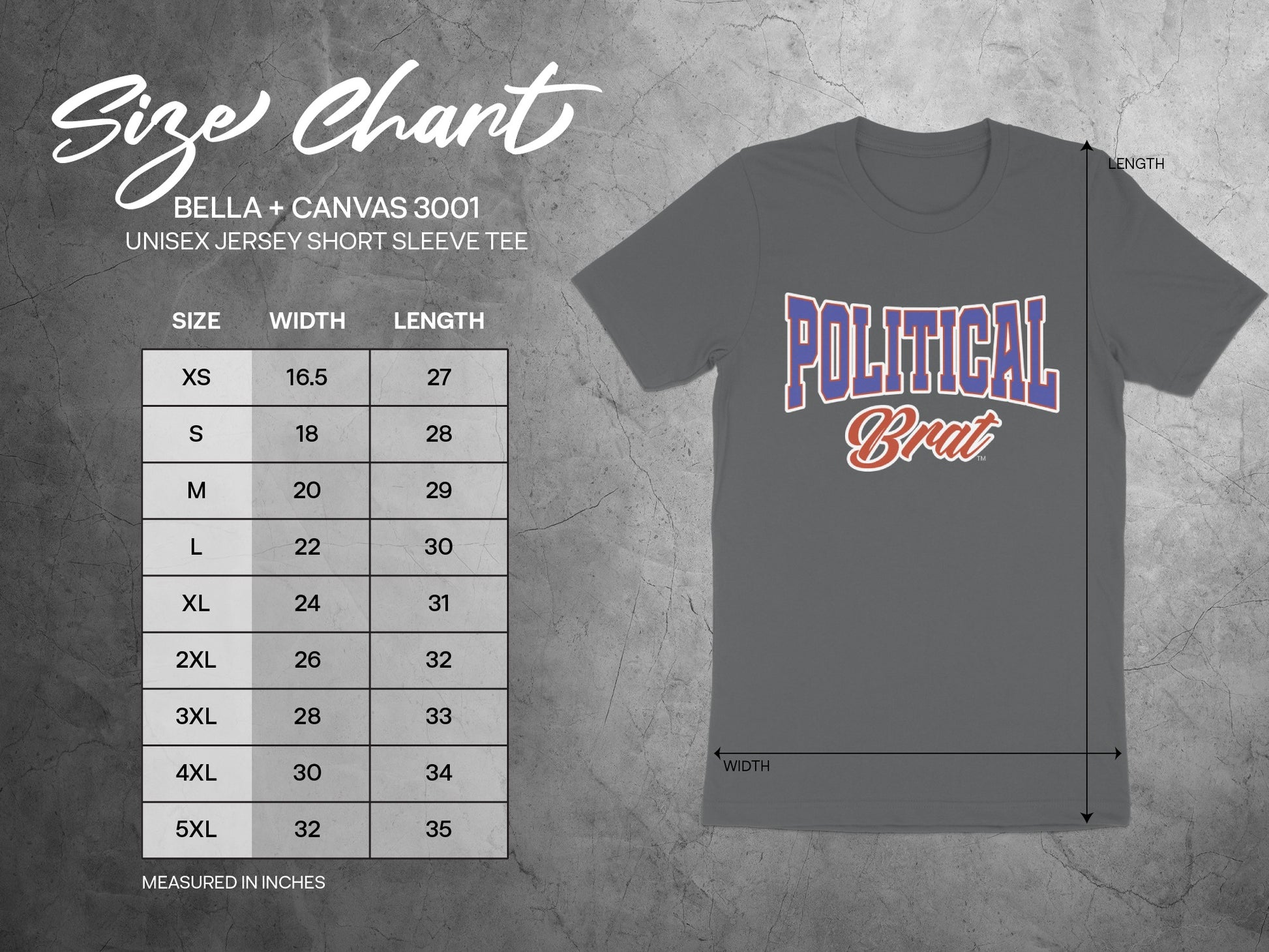 BELLA + CANVAS 3001 size chart for unisex short sleeve tee measurements in inches.