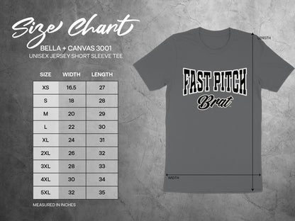 Size chart for Bella + Canvas 3001 unisex t-shirt, listing sizes XS through 5XL with width and length measurements in inches.