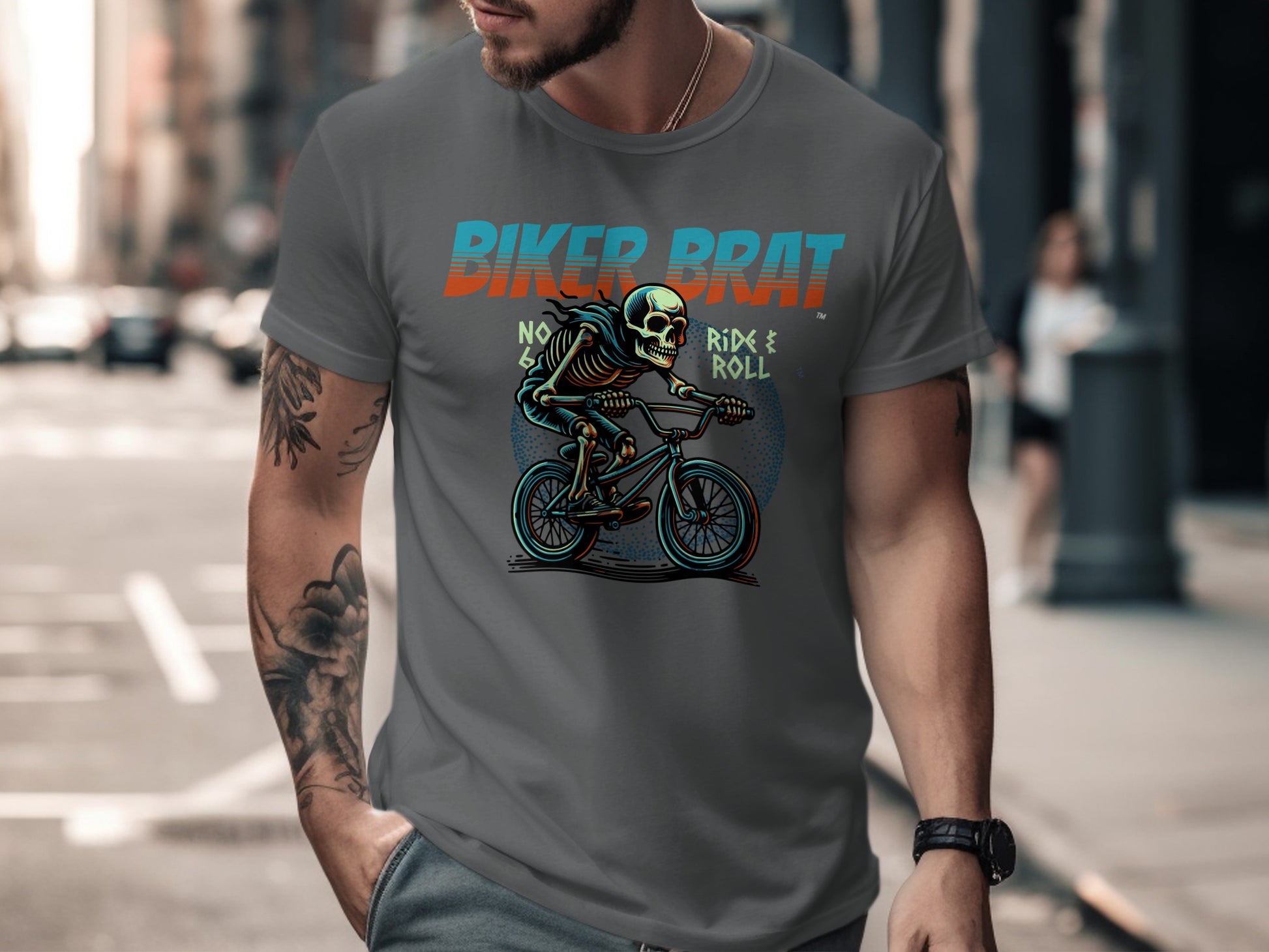 Skeleton biker riding a bicycle with "Biker Brat" text above.