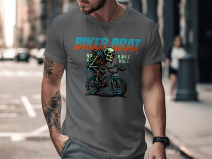Skeleton biker riding a bicycle with "Biker Brat" text above.