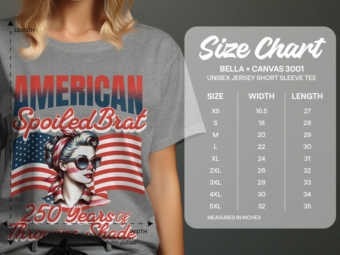 T-shirt with "American Spoiled Brat" text and flag graphic, alongside size chart.