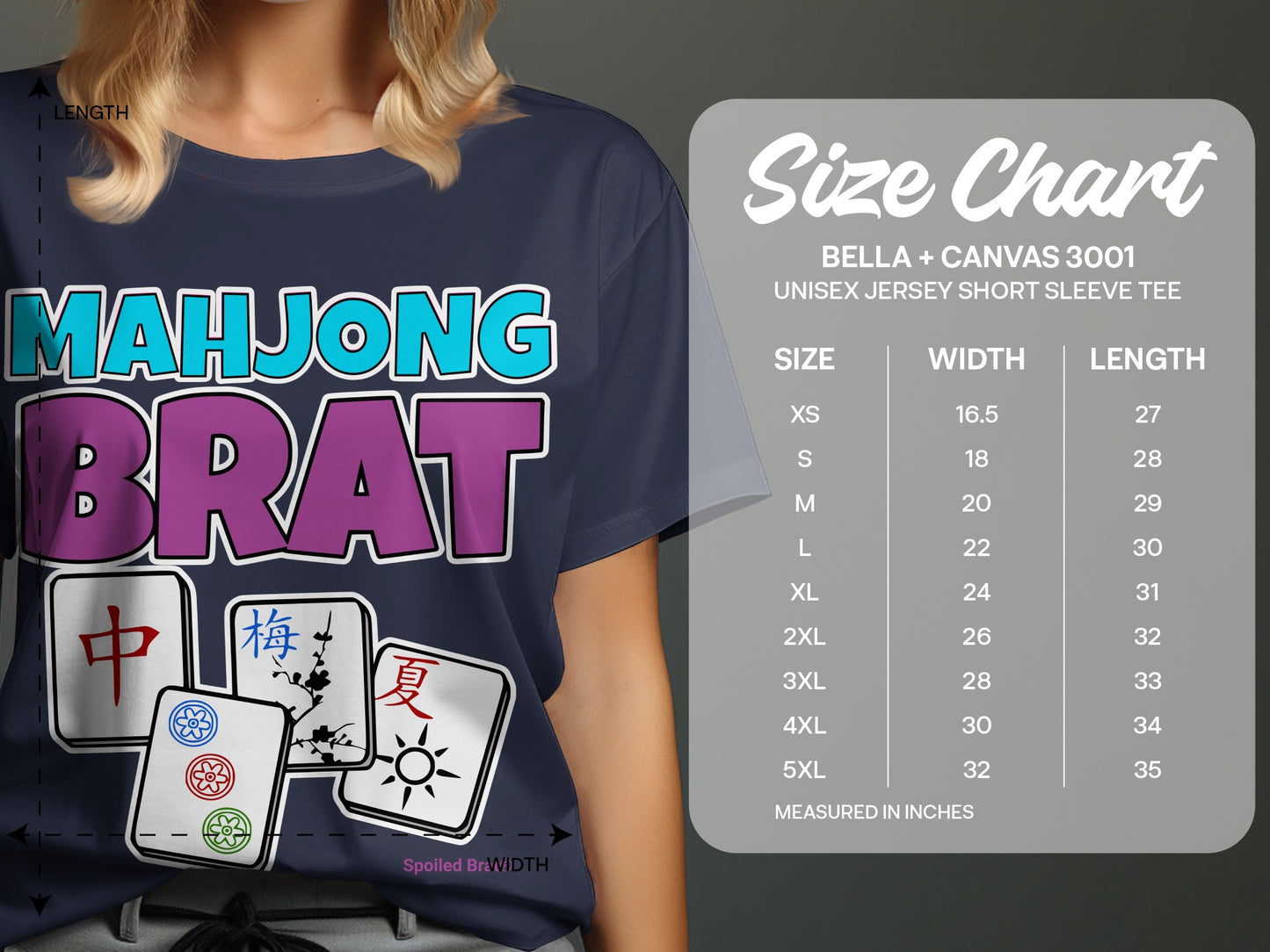 Mahjong Brat text with Chinese characters and mahjong tiles, with a Bella + Canvas 3001 size chart.