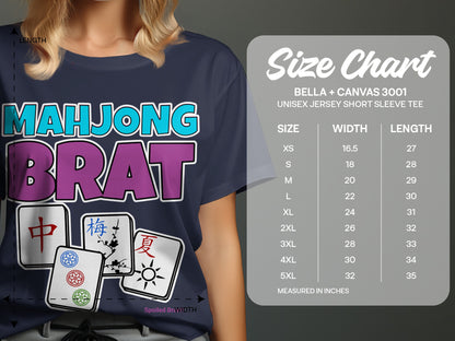 Mahjong Brat text with Chinese characters and mahjong tiles, with a Bella + Canvas 3001 size chart.