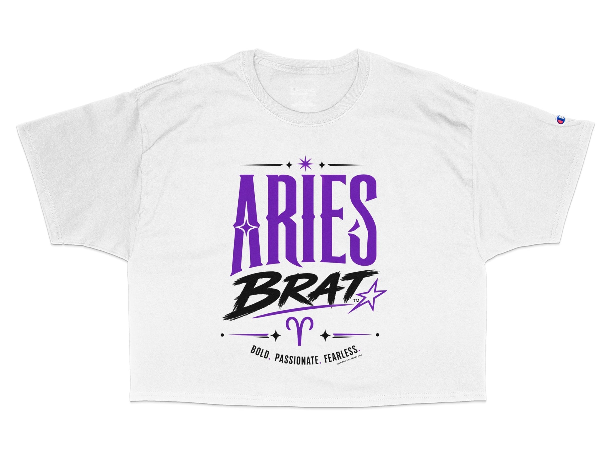 White cropped t-shirt with "Aries Brat" and zodiac symbol in purple.