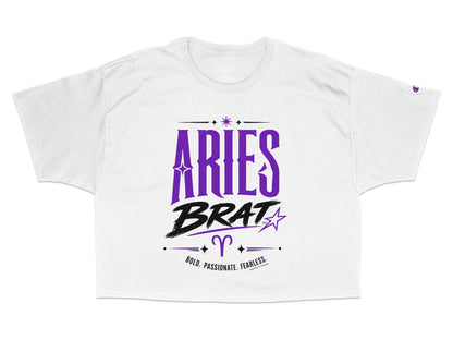 White cropped t-shirt with "Aries Brat" and zodiac symbol in purple.