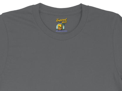 Grey t-shirt with "Travel Brat" logo featuring a suitcase and palm trees.