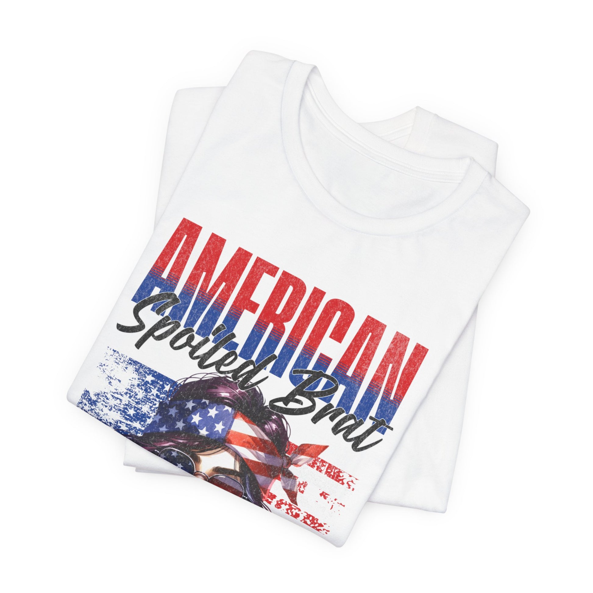 White t-shirt with "AMERICAN SpoilED Brat" graphic featuring flag and woman.