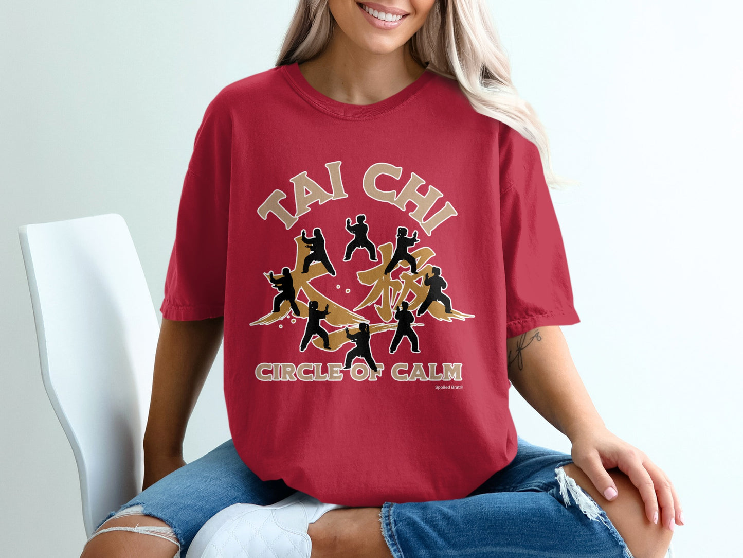 Red t-shirt with "Tai Chi Circle of Calm" text and martial arts figures.