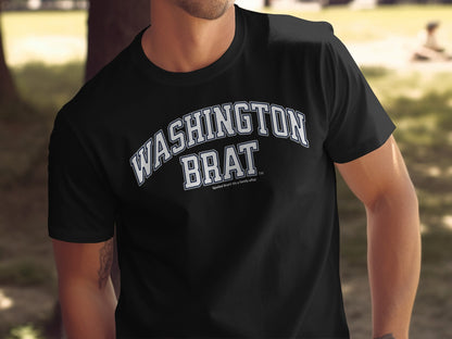 Black t-shirt with "WASHINGTON BRAT" text arched across the chest.